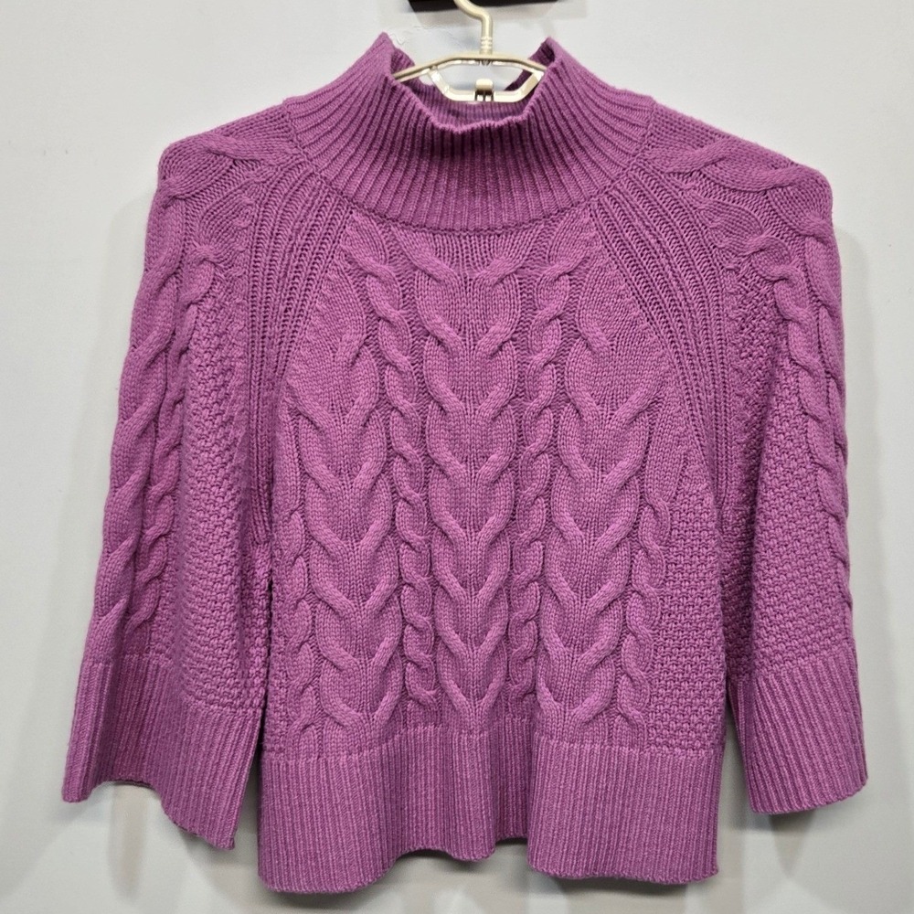 Banana‎ Republic Sweater Large Purple Mock Funnel Chunky Cable Knit Flare Sleeve